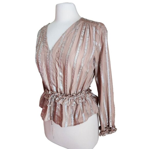 Current Air Women Metallic Stripe Long Sleeve Blouse In Dusty Rose Size Small - Picture 3 of 16